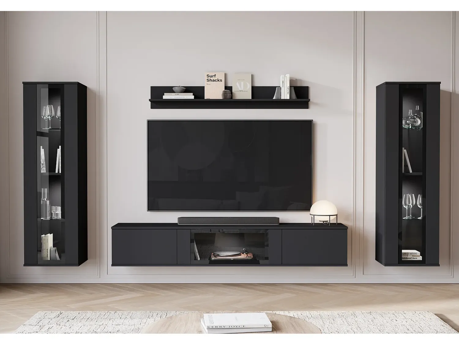 Móvel De Tv* Conjunto de sala moderno – acabamento mate, 2 vitrinas e móvel de TV 180 cm mate Preto