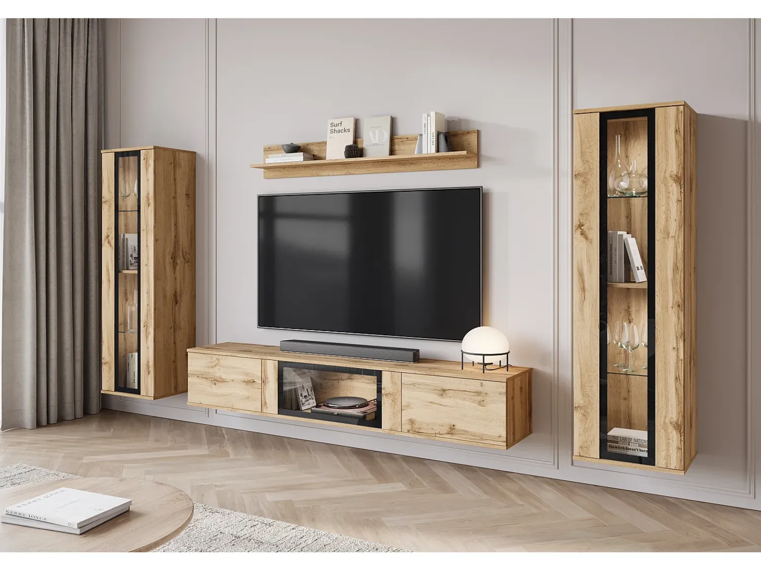 Móvel De Tv* Conjunto de sala moderno – acabamento mate, 2 vitrinas e móvel de TV 180 cm carvalho Wotan Natural escuro