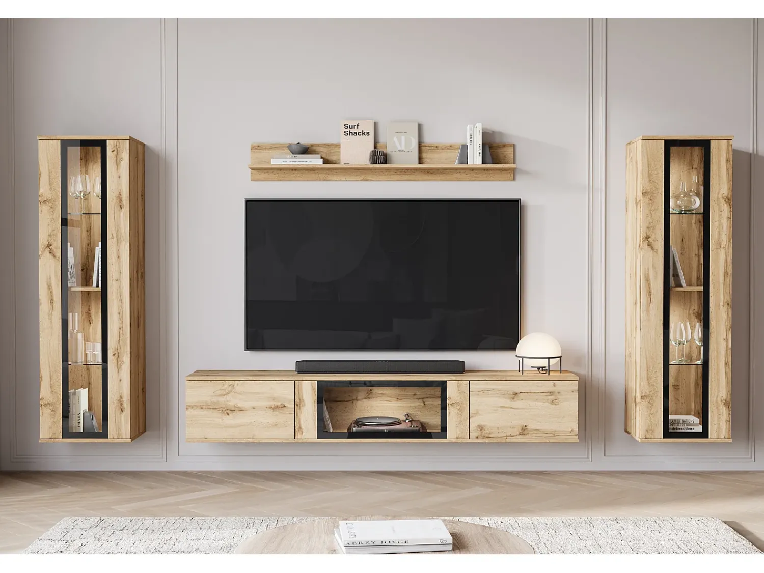 Móvel De Tv* Conjunto de sala moderno – acabamento mate, 2 vitrinas e móvel de TV 180 cm carvalho Wotan Natural escuro