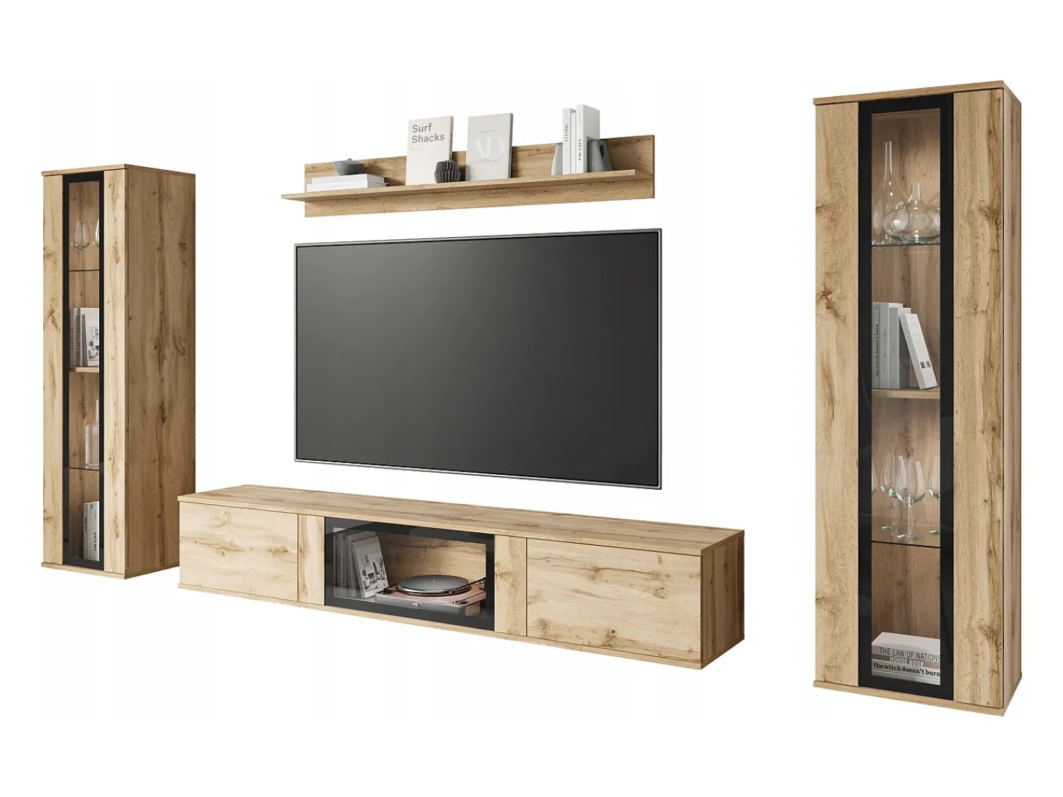 Móvel De Tv* Conjunto de sala moderno – acabamento mate, 2 vitrinas e móvel de TV 180 cm carvalho Wotan Natural escuro