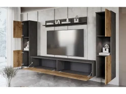 Conjunto de sala moderno 4 peças – corpo carvalho Matera mate, frentes castanheiro mate, 2 colunas e móvel de TV 180 cm^ Móvel De Tv