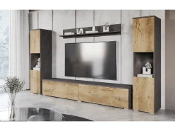 Conjunto de sala moderno 4 peças – corpo carvalho Matera mate, frentes castanheiro mate, 2 colunas e móvel de TV 180 cm^ Móvel De Tv