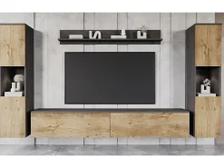 Conjunto de sala moderno 4 peças – corpo carvalho Matera mate, frentes castanheiro mate, 2 colunas e móvel de TV 180 cm^ Móvel De Tv