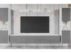Móvel De Tv* Conjunto de sala moderno 4 peças com LED, 2 colunas, móvel TV 180 cm e prateleira, corpo mate, frentes cinza brilho Branco