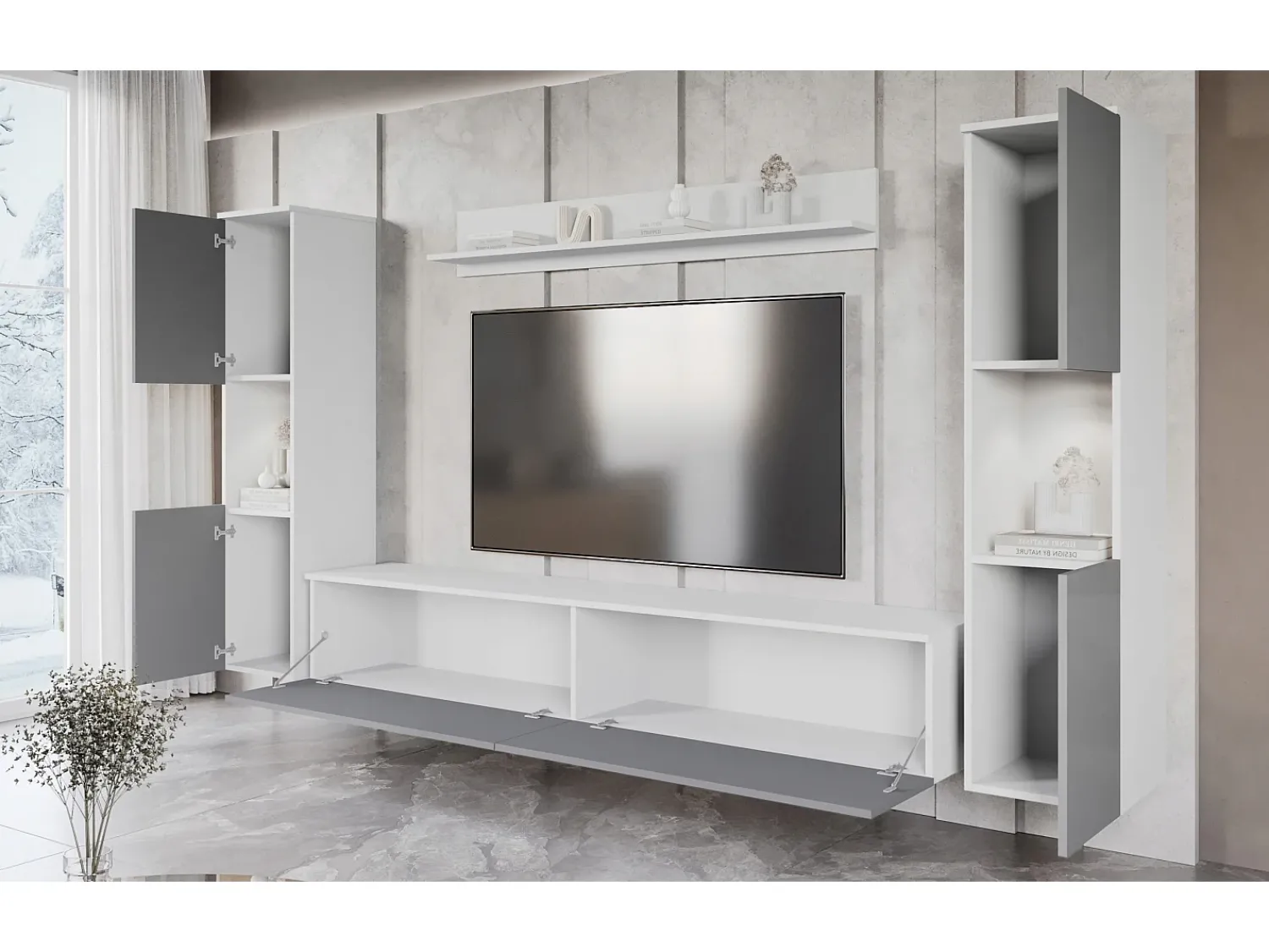 Móvel De Tv* Conjunto de sala moderno 4 peças com LED, 2 colunas, móvel TV 180 cm e prateleira, corpo mate, frentes cinza brilho Branco