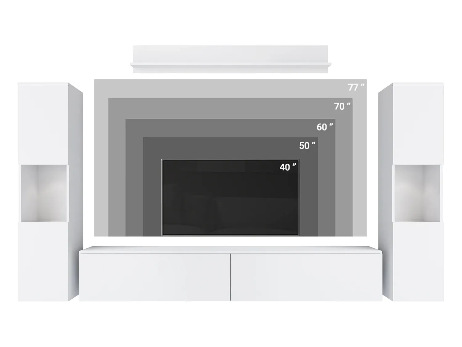 Móvel De Tv* Conjunto de sala moderno 4 peças com LED, 2 colunas, móvel TV 180 cm e prateleira, corpo mate, frentes cinza brilho Branco