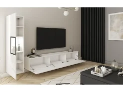 Online Conjunto de sala moderno – conjunto suspenso e de chão 2 peças com móvel TV 180 cm e vitrina, corpo mate, frentes brilho Branco