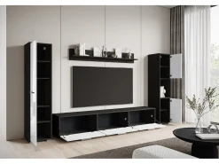 Conjunto de sala moderno – conjunto suspenso e de chão, móvel TV 180 cm, 2 colunas, prateleira, corpo Matera mate frentes branco brilho^ Móvel De Tv