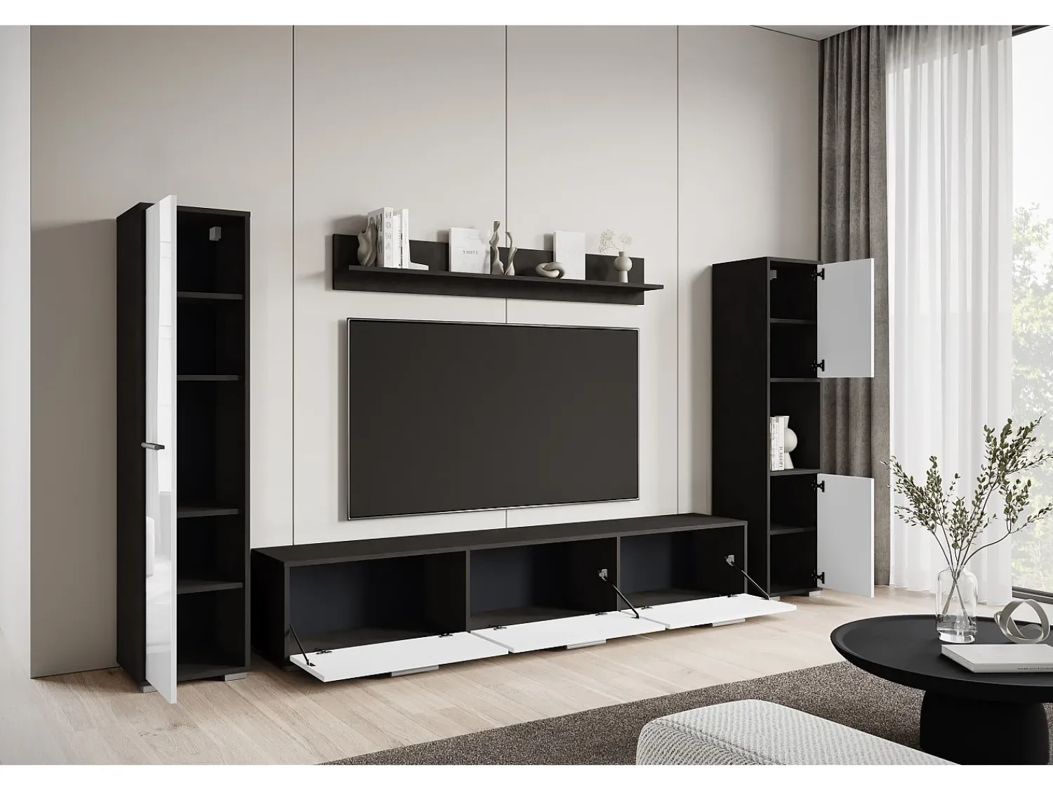 Conjunto de sala moderno – conjunto suspenso e de chão, móvel TV 180 cm, 2 colunas, prateleira, corpo Matera mate frentes branco brilho^ Móvel De Tv