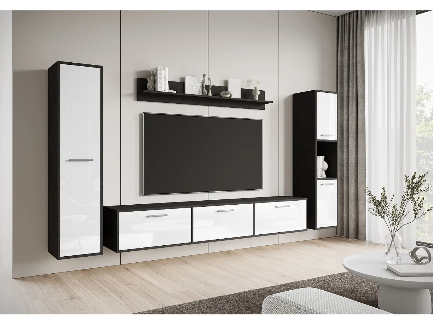 Conjunto de sala moderno – conjunto suspenso e de chão, móvel TV 180 cm, 2 colunas, prateleira, corpo Matera mate frentes branco brilho^ Móvel De Tv