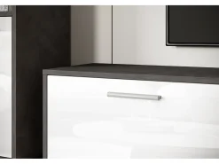 Conjunto de sala moderno – conjunto suspenso e de chão, móvel TV 180 cm, 2 colunas, prateleira, corpo Matera mate frentes branco brilho^ Móvel De Tv