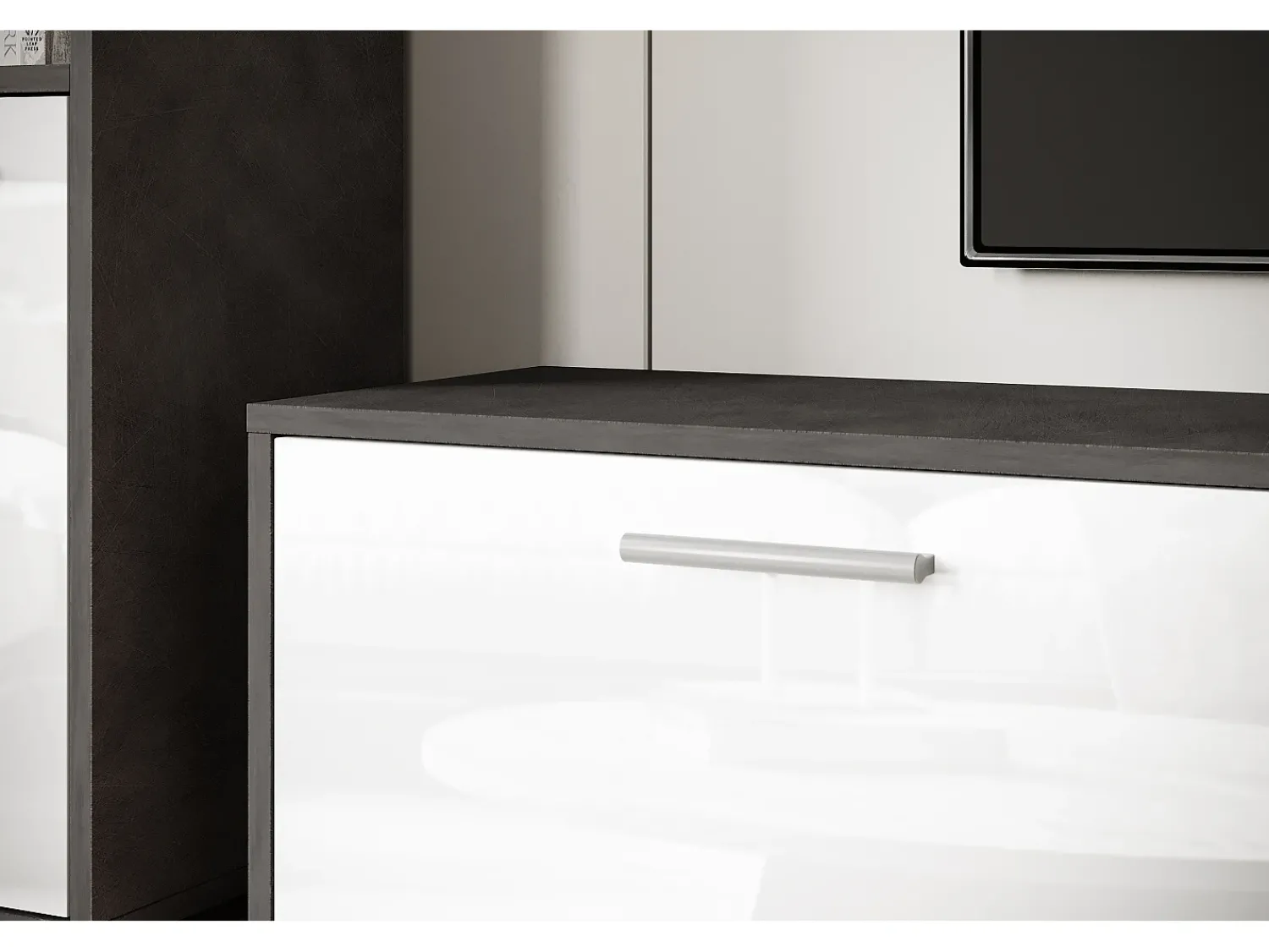 Conjunto de sala moderno – conjunto suspenso e de chão, móvel TV 180 cm, 2 colunas, prateleira, corpo Matera mate frentes branco brilho^ Móvel De Tv