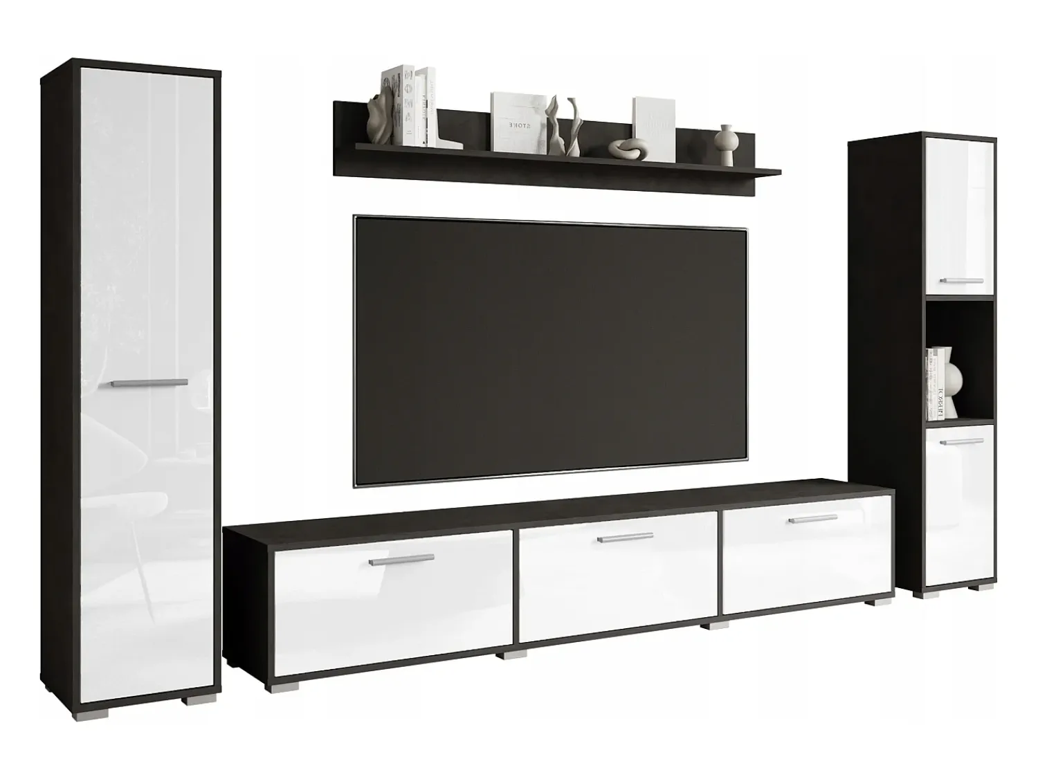 Conjunto de sala moderno – conjunto suspenso e de chão, móvel TV 180 cm, 2 colunas, prateleira, corpo Matera mate frentes branco brilho^ Móvel De Tv