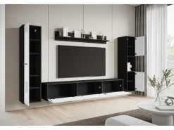 Conjunto de sala moderno – conjunto suspenso e de chão, móvel TV 180 cm, 2 colunas, prateleira, corpo Matera mate frentes branco brilho^ Móvel De Tv