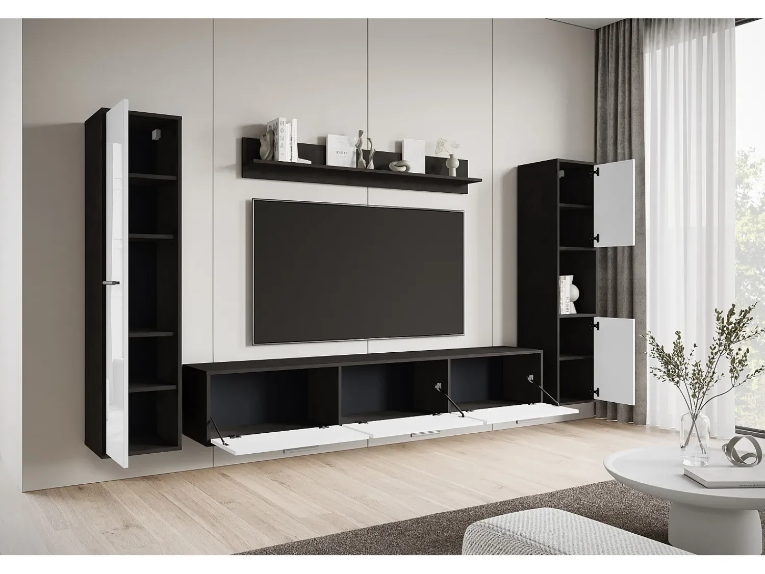 Conjunto de sala moderno – conjunto suspenso e de chão, móvel TV 180 cm, 2 colunas, prateleira, corpo Matera mate frentes branco brilho^ Móvel De Tv