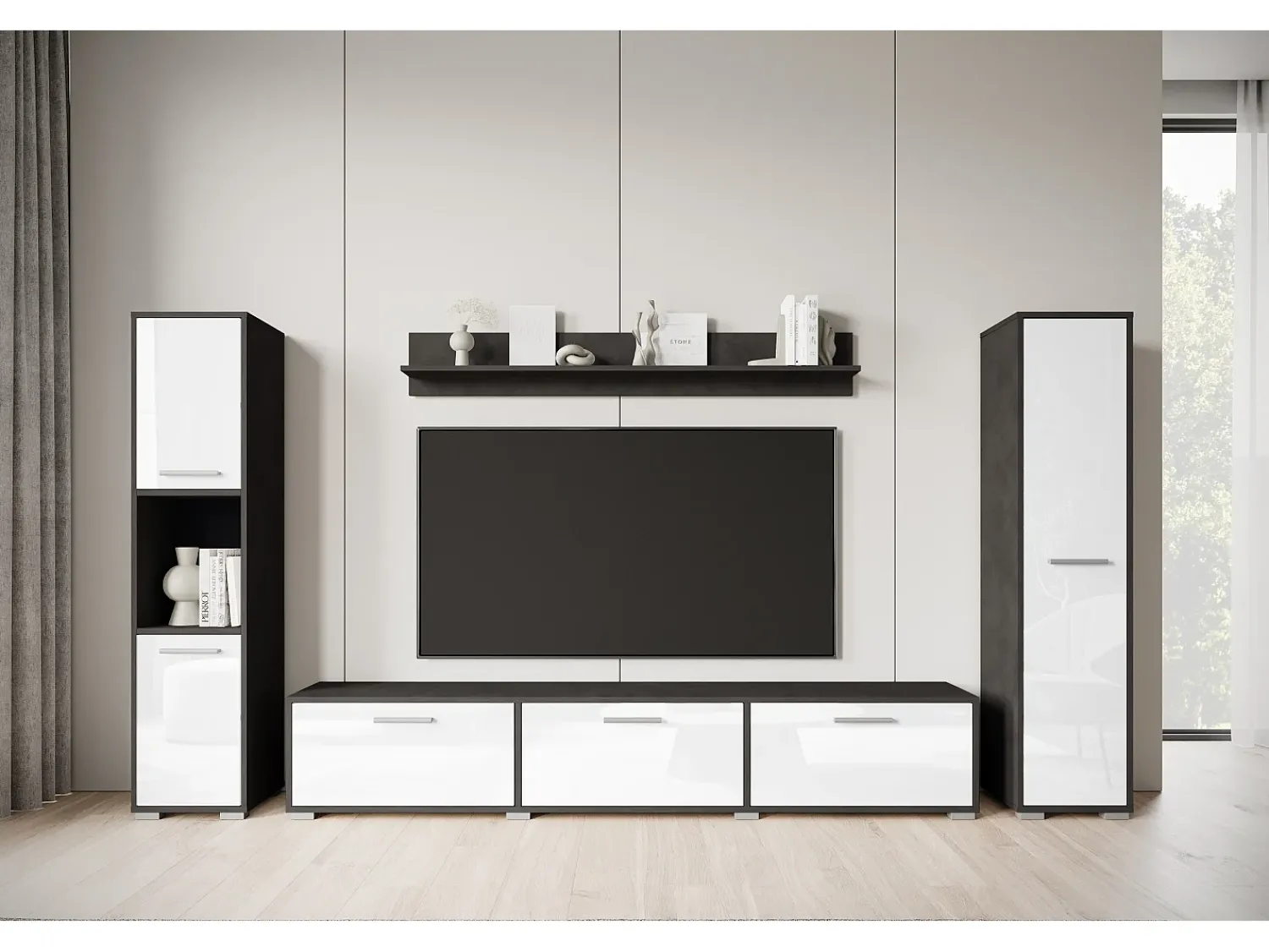 Conjunto de sala moderno – conjunto suspenso e de chão, móvel TV 180 cm, 2 colunas, prateleira, corpo Matera mate frentes branco brilho^ Móvel De Tv