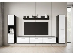 Conjunto de sala moderno – conjunto suspenso e de chão, móvel TV 180 cm, 2 colunas, prateleira, corpo Matera mate frentes branco brilho^ Móvel De Tv