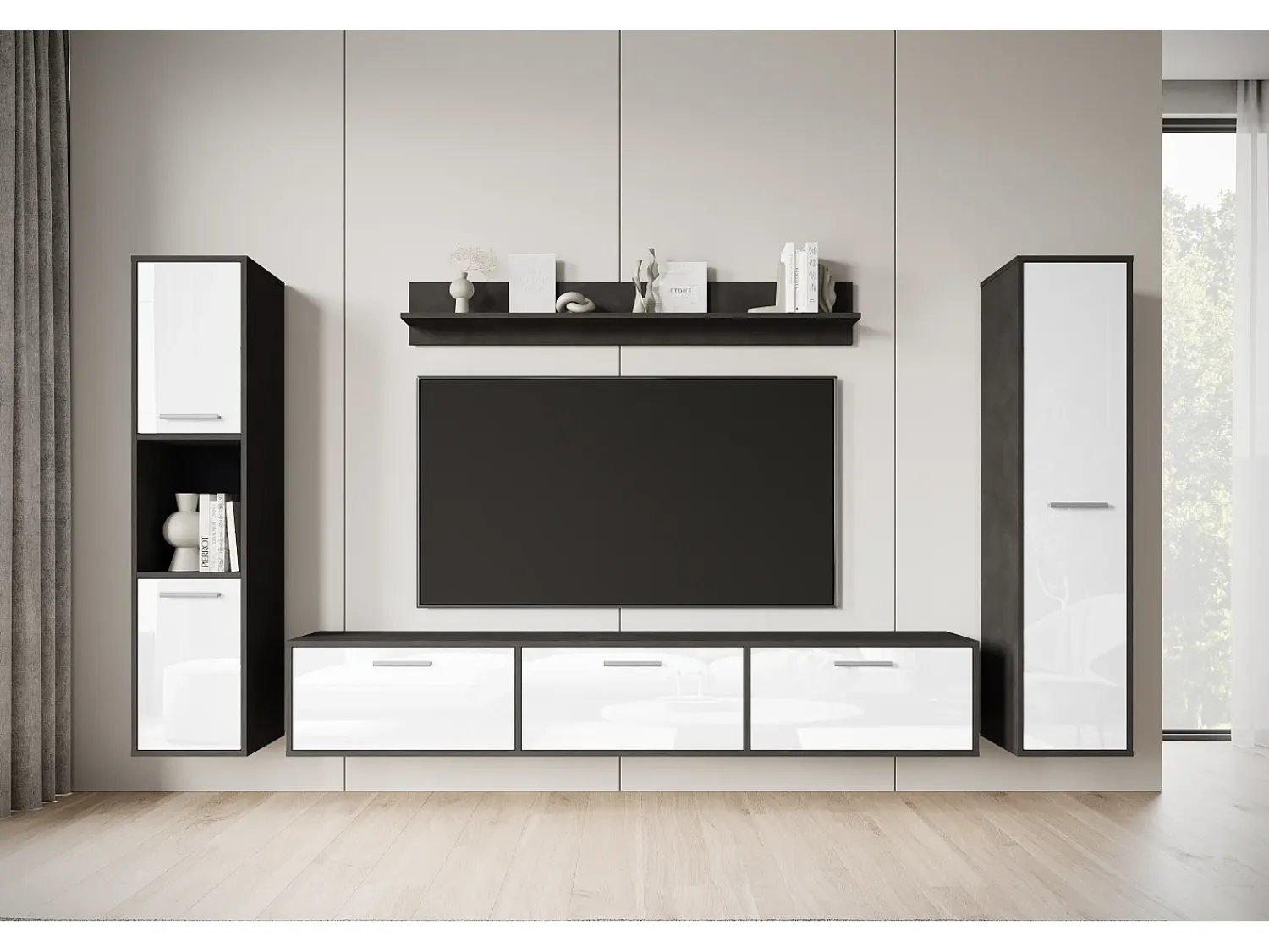Conjunto de sala moderno – conjunto suspenso e de chão, móvel TV 180 cm, 2 colunas, prateleira, corpo Matera mate frentes branco brilho^ Móvel De Tv