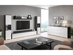 Conjunto de sala moderno 4 peças com LED, 2 colunas, móvel TV 180 cm e prateleira, corpo antracite mate, frentes branco brilho^ Móvel De Tv