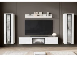 Móvel De Tv* Conjunto de sala moderno com LED 2 vitrinas e móvel de TV 180 cm corpo mate frentes brilho Branco