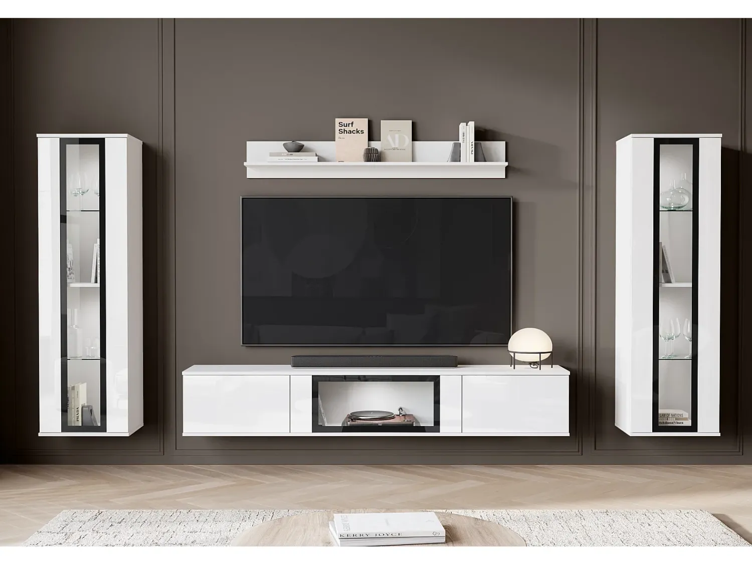 Móvel De Tv* Conjunto de sala moderno com LED 2 vitrinas e móvel de TV 180 cm corpo mate frentes brilho Branco