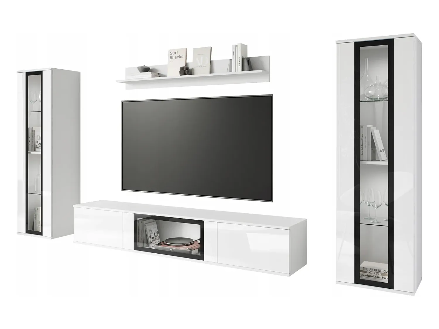 Móvel De Tv* Conjunto de sala moderno com LED 2 vitrinas e móvel de TV 180 cm corpo mate frentes brilho Branco