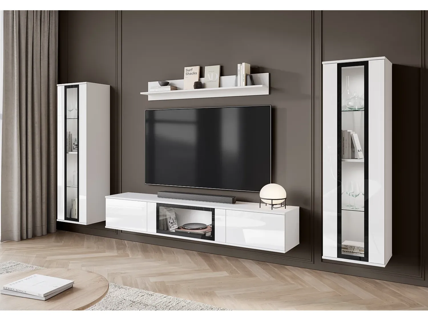 Móvel De Tv* Conjunto de sala moderno com LED 2 vitrinas e móvel de TV 180 cm corpo mate frentes brilho Branco