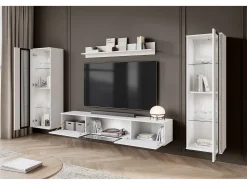 Móvel De Tv* Conjunto de sala moderno com LED 2 vitrinas e móvel de TV 180 cm corpo mate frentes brilho Branco