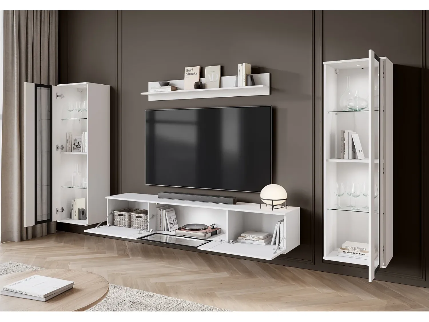 Móvel De Tv* Conjunto de sala moderno com LED 2 vitrinas e móvel de TV 180 cm corpo mate frentes brilho Branco