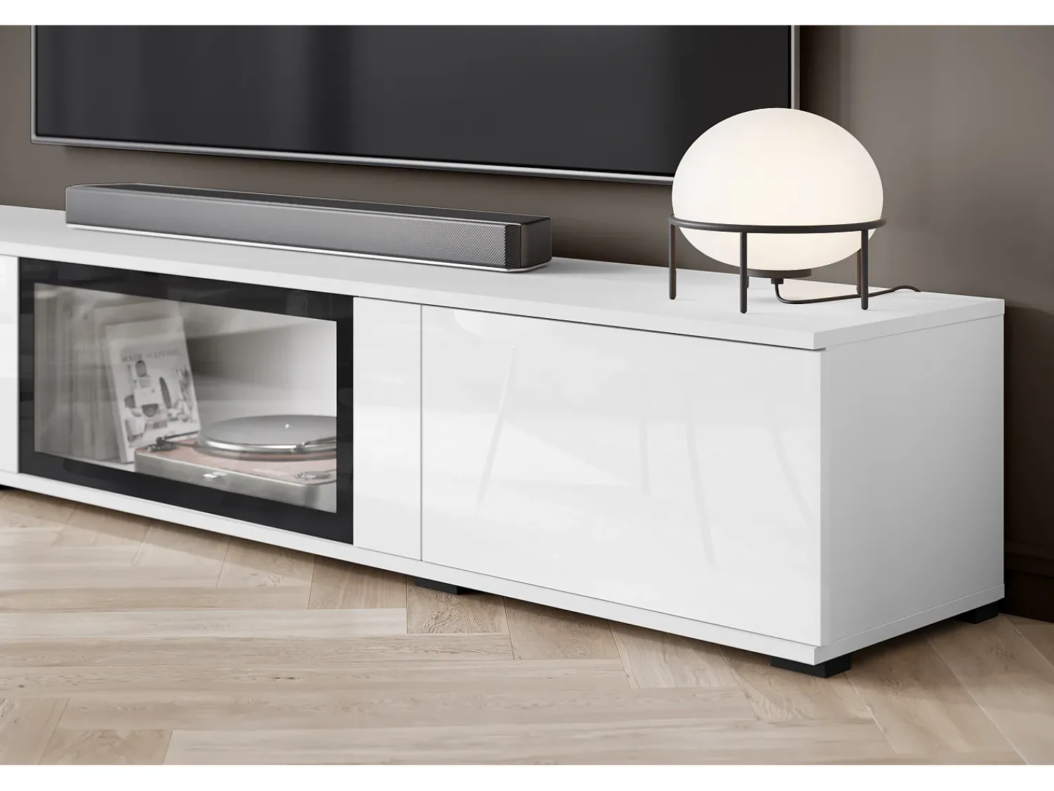 Móvel De Tv* Conjunto de sala moderno com LED 2 vitrinas e móvel de TV 180 cm corpo mate frentes brilho Branco