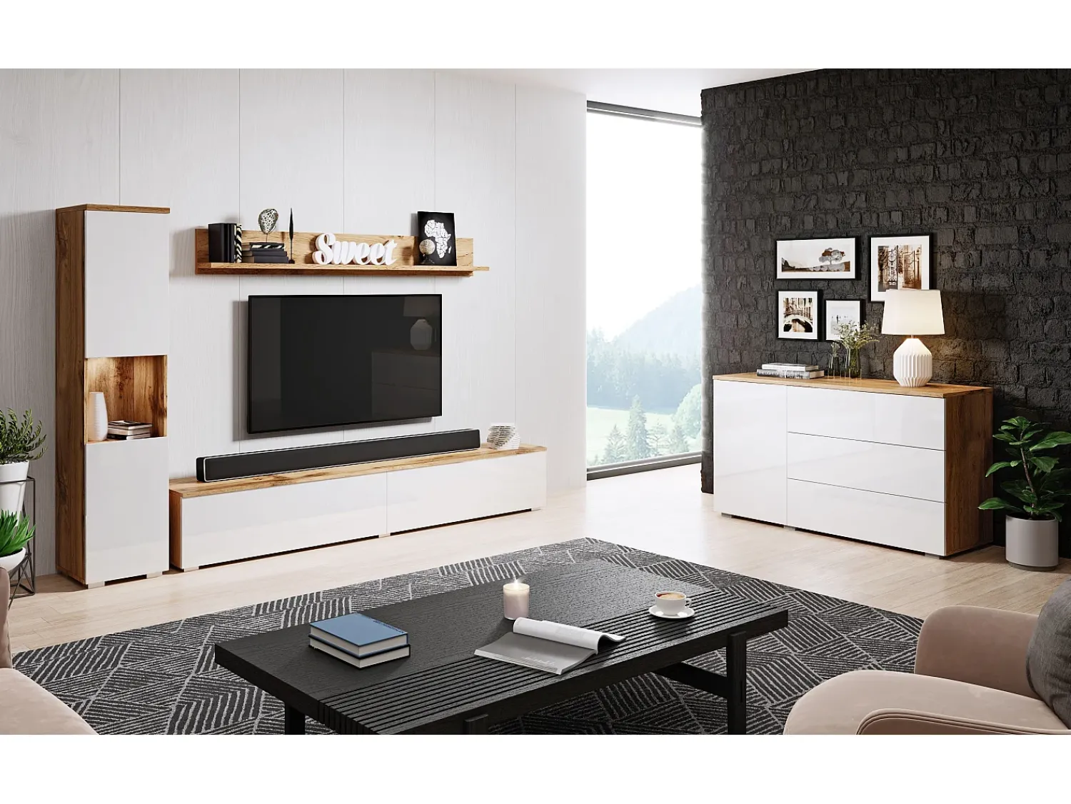 Móvel De Tv| Conjunto de sala moderno 3 peças com LED, frentes brilhantes, coluna e móvel TV 180 cm corpo carvalho wotan, frentes branco brilho Natural escuro