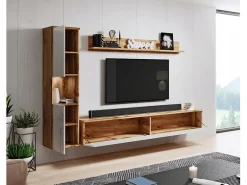 Móvel De Tv| Conjunto de sala moderno 3 peças com LED, frentes brilhantes, coluna e móvel TV 180 cm corpo carvalho wotan, frentes branco brilho Natural escuro