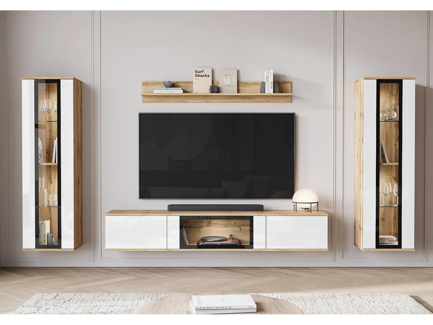 Móvel De Tv| Conjunto de sala moderno – 2 vitrinas e móvel de TV 180 cm, corpo carvalho Wotan mate frentes branco brilho Natural escuro / Branco