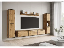Conjunto de sala moderno – conjunto suspenso e de chão, móvel TV 180 cm, 2 colunas, prateleira, carvalho Wotan, borda preta mate Natural escuro