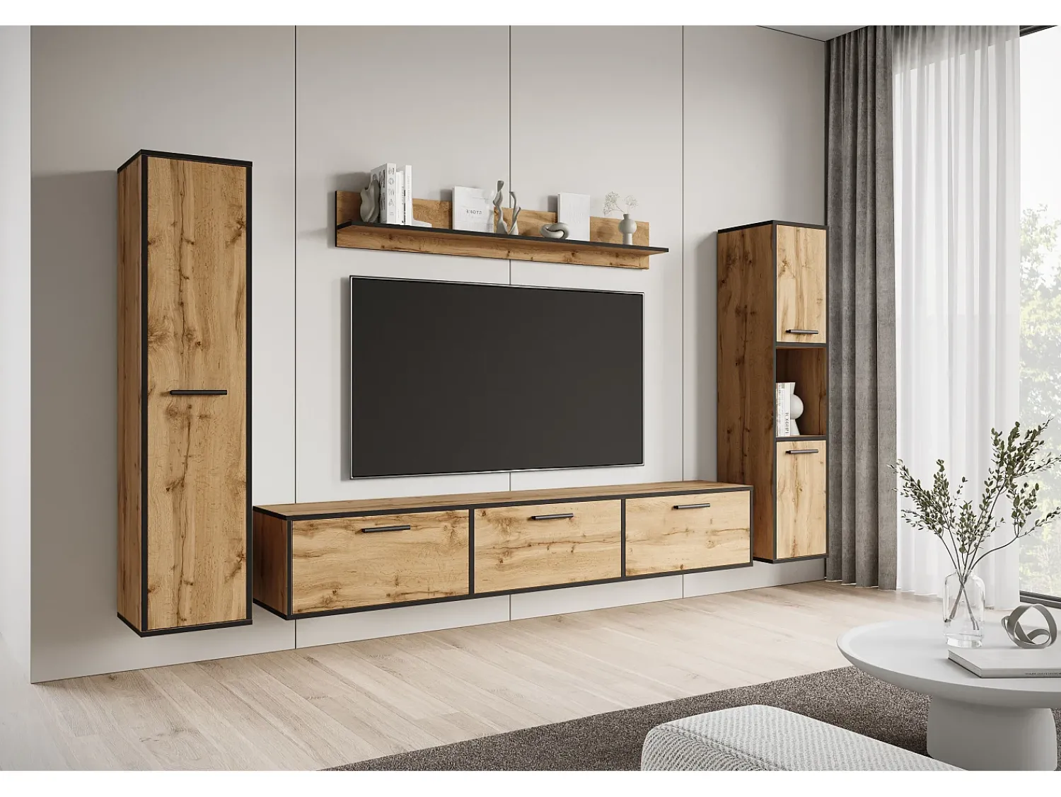Conjunto de sala moderno – conjunto suspenso e de chão, móvel TV 180 cm, 2 colunas, prateleira, carvalho Wotan, borda preta mate Natural escuro