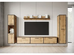 Conjunto de sala moderno – conjunto suspenso e de chão, móvel TV 180 cm, 2 colunas, prateleira, carvalho Wotan, borda preta mate Natural escuro