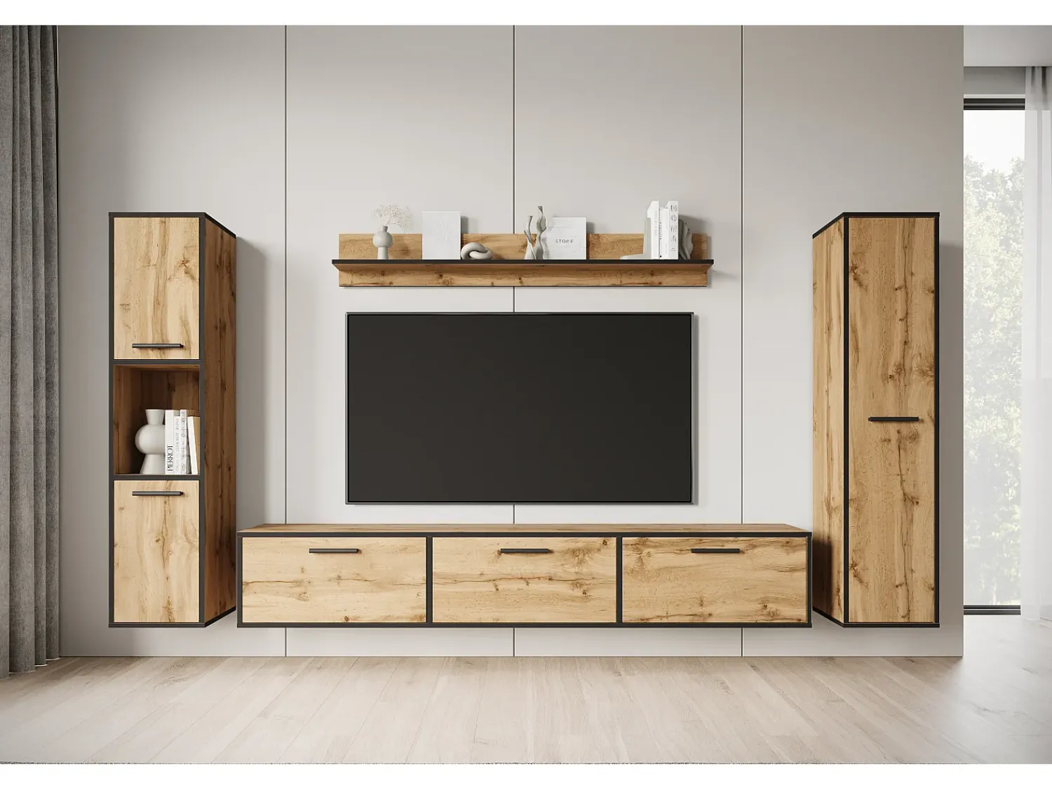 Conjunto de sala moderno – conjunto suspenso e de chão, móvel TV 180 cm, 2 colunas, prateleira, carvalho Wotan, borda preta mate Natural escuro