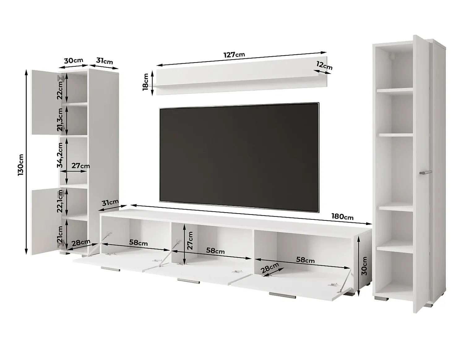 Conjunto de sala moderno – conjunto suspenso e de chão, móvel TV 180 cm, 2 colunas, prateleira, carvalho Wotan, borda preta mate Natural escuro