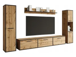 Conjunto de sala moderno – conjunto suspenso e de chão, móvel TV 180 cm, 2 colunas, prateleira, carvalho Wotan, borda preta mate Natural escuro