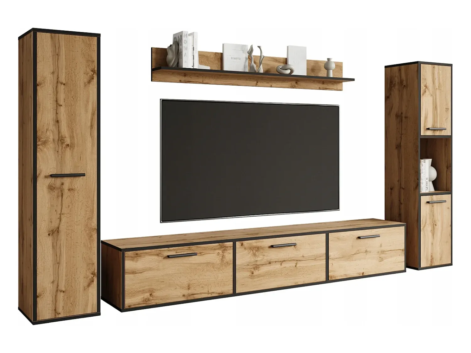 Conjunto de sala moderno – conjunto suspenso e de chão, móvel TV 180 cm, 2 colunas, prateleira, carvalho Wotan, borda preta mate Natural escuro