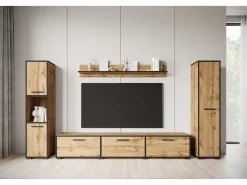 Conjunto de sala moderno – conjunto suspenso e de chão, móvel TV 180 cm, 2 colunas, prateleira, carvalho Wotan, borda preta mate Natural escuro