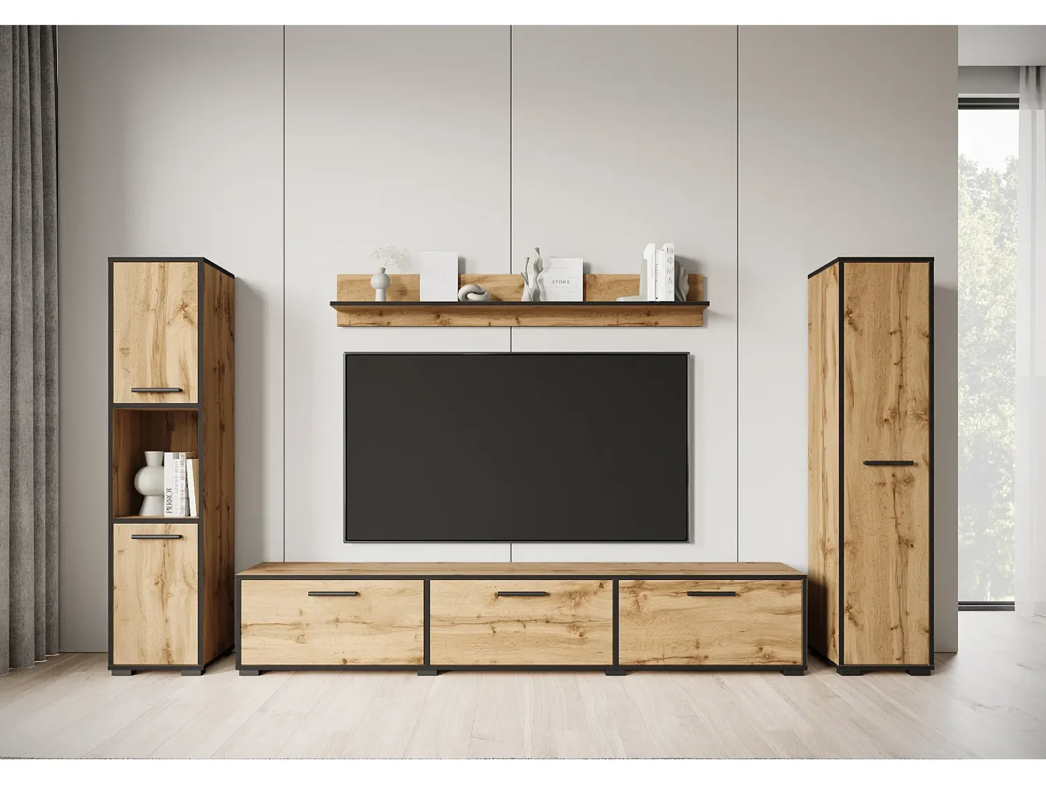Conjunto de sala moderno – conjunto suspenso e de chão, móvel TV 180 cm, 2 colunas, prateleira, carvalho Wotan, borda preta mate Natural escuro