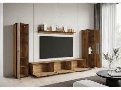 Conjunto de sala moderno – conjunto suspenso e de chão, móvel TV 180 cm, 2 colunas, prateleira, carvalho Wotan, borda preta mate Natural escuro