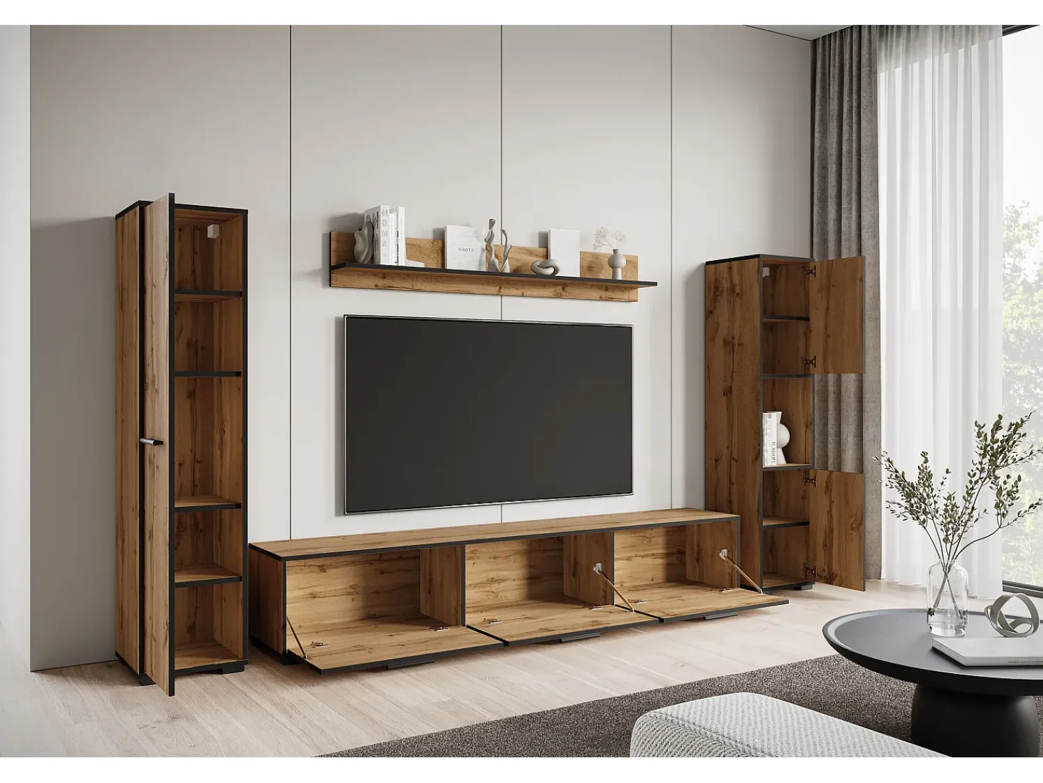 Conjunto de sala moderno – conjunto suspenso e de chão, móvel TV 180 cm, 2 colunas, prateleira, carvalho Wotan, borda preta mate Natural escuro