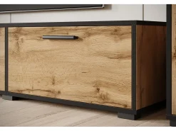 Conjunto de sala moderno – conjunto suspenso e de chão, móvel TV 180 cm, 2 colunas, prateleira, carvalho Wotan, borda preta mate Natural escuro
