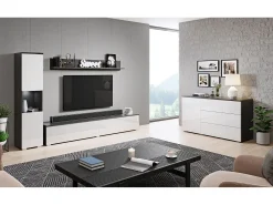 Conjunto de sala moderno 3 peças com LED, frentes brilhantes, coluna e móvel TV 180 cm corpo antracite mate, frentes branco brilho Cinza antracite