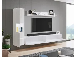 New Conjunto de sala moderno 3 peças com LED, frentes brilhantes, coluna e móvel TV 180 cm corpo mate, frentes brilho Branco