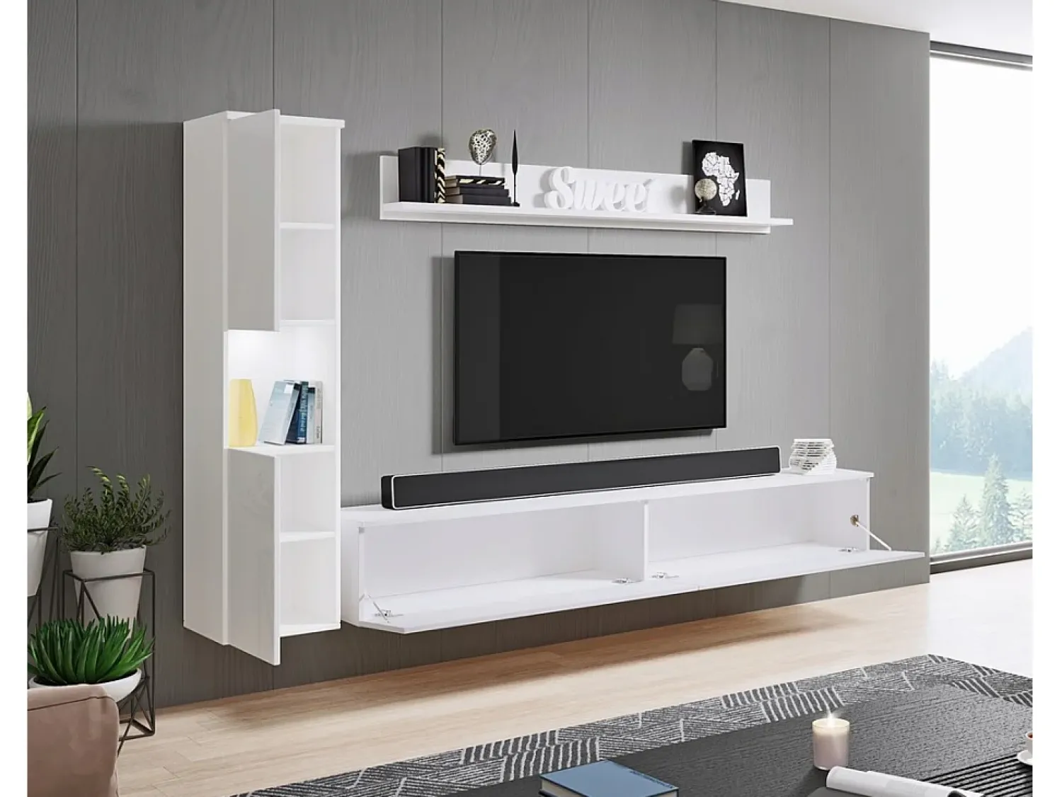 New Conjunto de sala moderno 3 peças com LED, frentes brilhantes, coluna e móvel TV 180 cm corpo mate, frentes brilho Branco