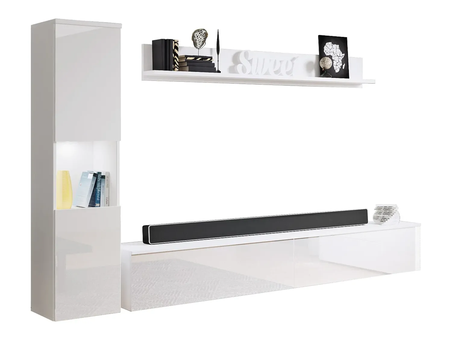 New Conjunto de sala moderno 3 peças com LED, frentes brilhantes, coluna e móvel TV 180 cm corpo mate, frentes brilho Branco