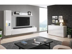 New Conjunto de sala moderno 3 peças com LED, frentes brilhantes, coluna e móvel TV 180 cm corpo mate, frentes brilho Branco
